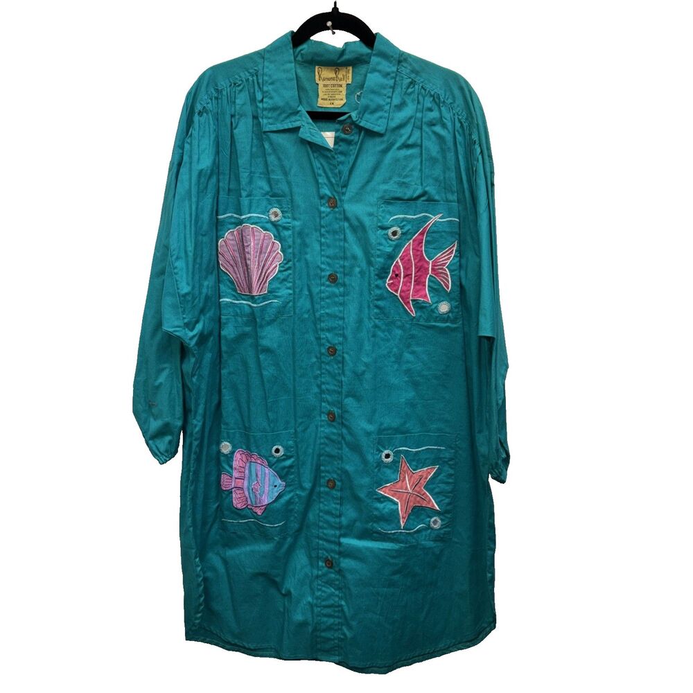 Ramona Rull Tropical Fish Button Up Beachy Long  Sleeve Cotton New Pockets 1X
